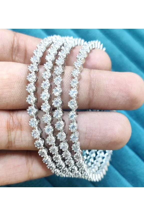 Designer AD CZ Indian Ethnic Wedding Silver Plated Bollywood Bridal 2'8 Bangles