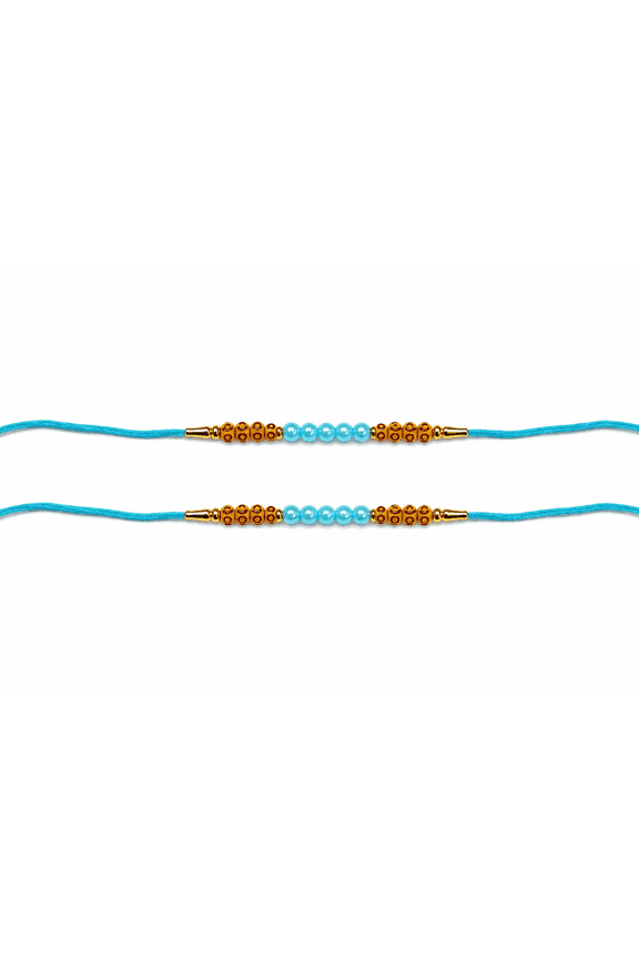 Designer Beaded Rakhi Set of 2 for Brother  Handmade Pearl & Sky Blue Bead Rakhi with Premium Cotton Thread | Traditional Raksha Bandhan Bracelet Gift