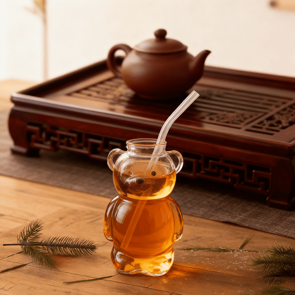 Designer Bear Straw Cup 11oz, Artistic Cute Glass Tumbler, Unique Holiday Gift for Girlfriend, Wife, and Best Friends UKHBMC | Transparent