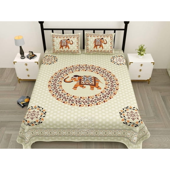 Designer Beautiful Multi Color Elephant Printed Cotton Bedsheet, Floral King Size with 2 Pillowcases, Luxury Elephant Printed Bedding Set
