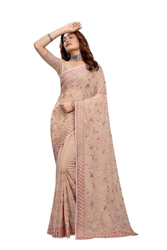 Designer Beige Heavy Resham Embroidery Georgette Saree
