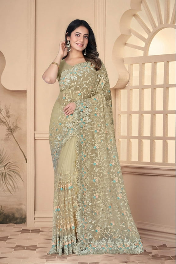 Designer Beige Resham Embroidery Work Net Saree