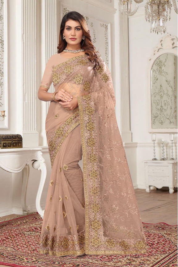 Designer Beige Resham Zari Embroidery Net Saree