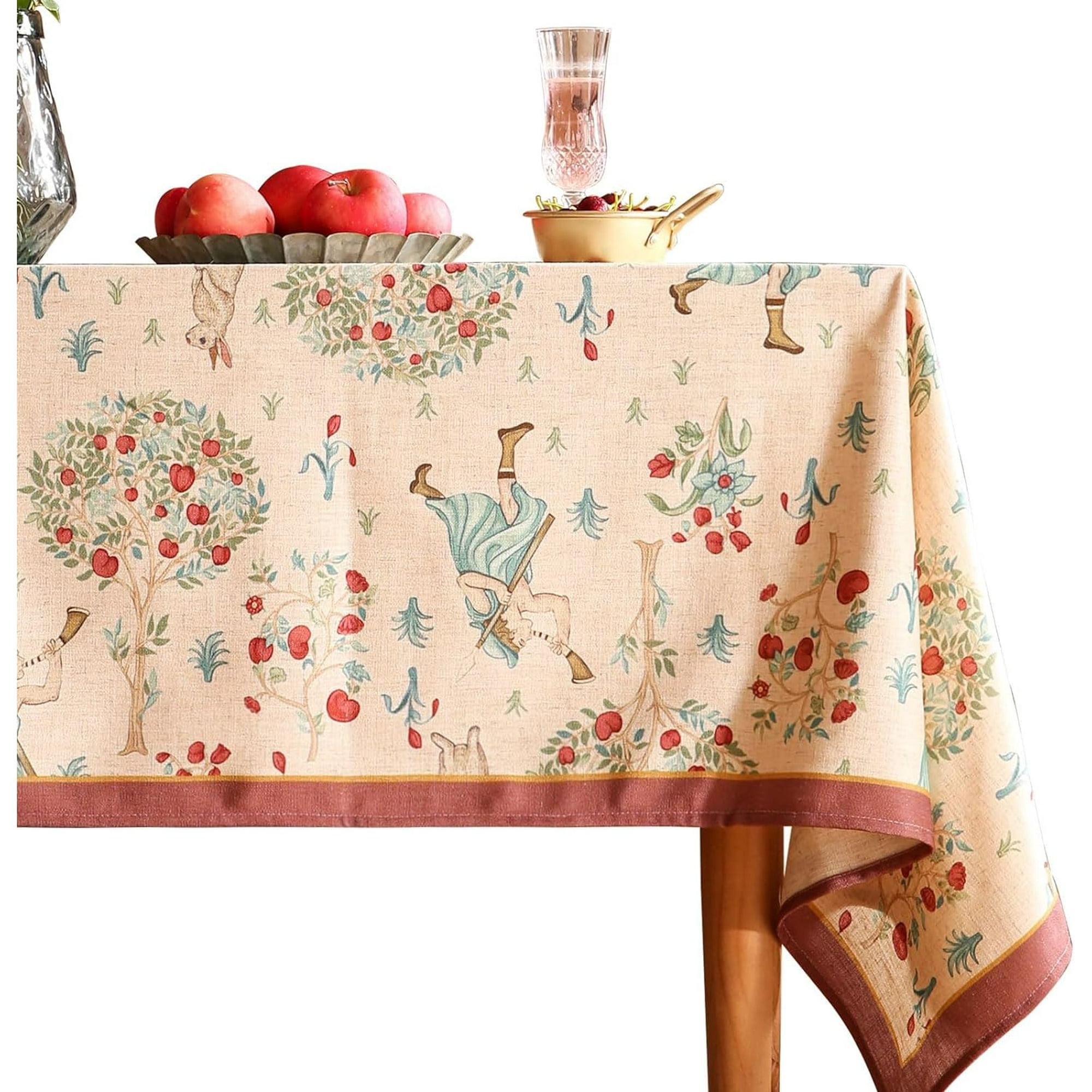 Designer Beige Tablecloth for Rectangle Tables,Vintage Elegant French Linen with Trees and Kids Pattern Table Cloth,Farmhouse Table Cover Cloth Decorative for Kitchen Dining Room,60"*102"