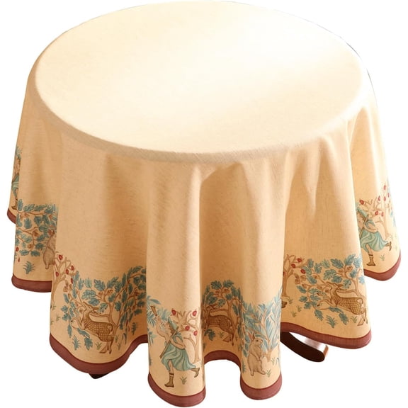 Designer Beige Tablecloth for Round Tables,Vintage Elegant French Linen with Trees and Kids Pattern Table Cloth,Farmhouse Table Cover Cloth Decorative for Kitchen Dining Room,Diameter 60"