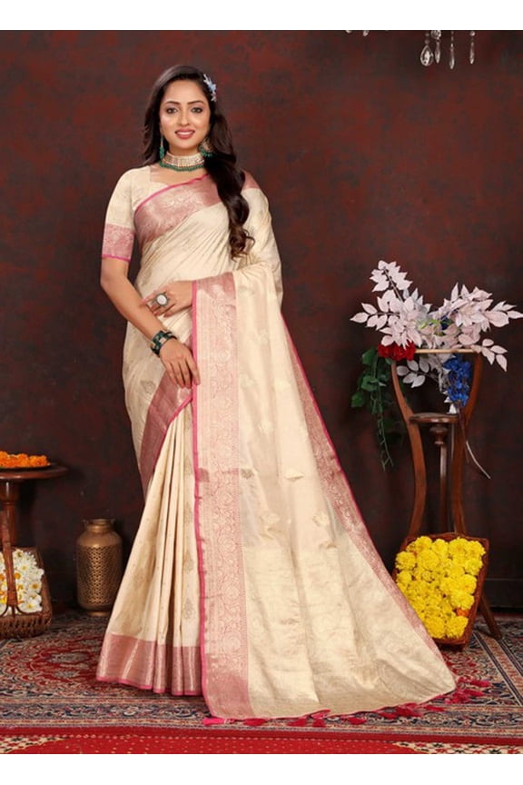 Designer Beige Weaving Zari Tassel Pallu Work Silk Saree