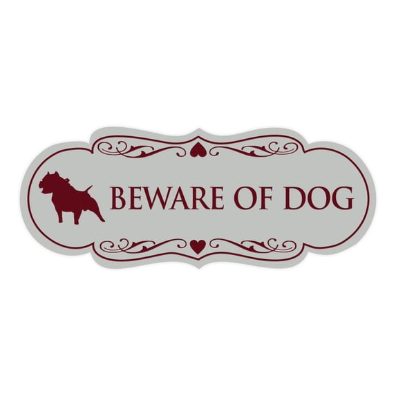 Designer Beware of Dog Sign(Light Grey / Burgundy) - Large