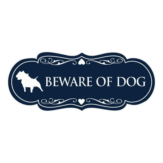 Designer Beware of Dog Sign(Navy Blue / White) - Large