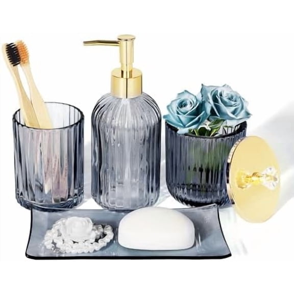 Designer Blue Glass Bathroom Accessories Sets - 4 Pcs with Lotion Soap Dispenser, Bathroom Toothbrush Holder, Vanity Tray, and Apothecary Jar, Vintage Bathroom Decor, Gift Countertop Organizer