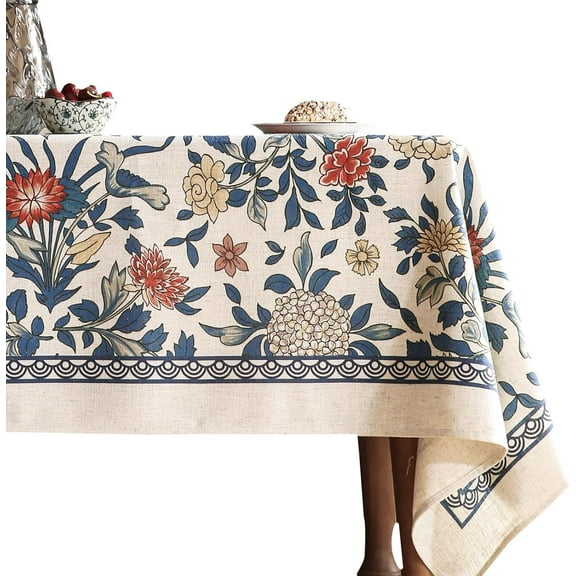 Designer Blue Tablecloth for Rectangle Tables,Vintage Linen with Leaves and Flowers Pattern Tablecloths,Farmhouse Floral Table Cover Cloth Decor for Kitchen Dining Christmas,55"*71"
