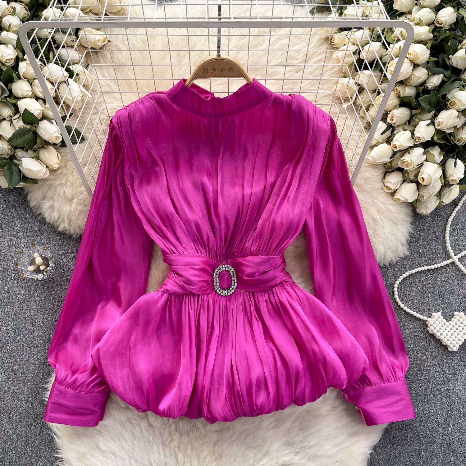 Designer Blusas De Mujer Long Sleeve Folds Solid Color Retro Stand Blouse for Women French Chic Loose Camisas Spring Dropship