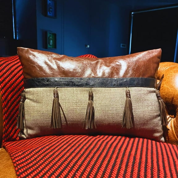 Designer Brown 12"x20" (30x50 cm) Lumbar Pillow Cover, Faux Leather Tassels Trim, Cowboy, Horse & Lounge Oblong Pillow, Patchwork Pattern Modern Style - Royal Oak