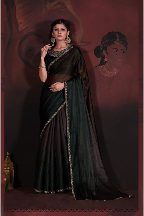 Designer Brown Green Handwork Zarkan Work Satin Saree