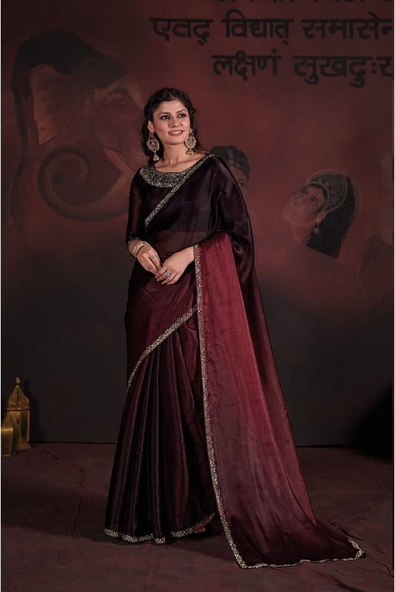 Designer Brown Maroon Handwork Zarkan Work Satin Saree