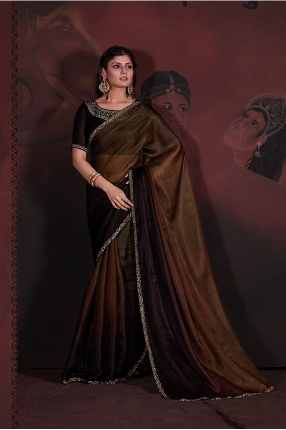 Designer Brown Mustard Handwork Zarkan Work Satin Saree