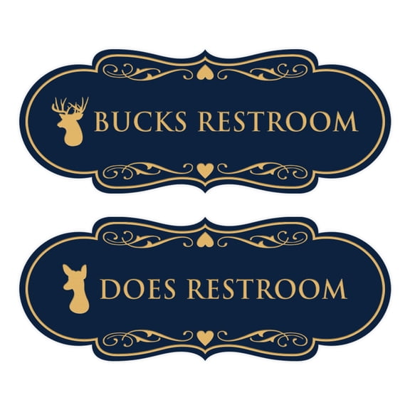 Designer Bucks and Does Novelty Restroom Signs, Set of 2 (Navy Blue/Gold) - Large