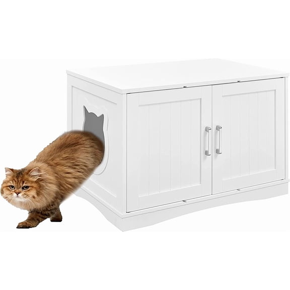 Designer Cat Washroom Storage Bench Cat Litter Box Enclosure Furniture Box House with Table, Spacious Storage, Easy Assembly, Fit Most of Litter Box (White)