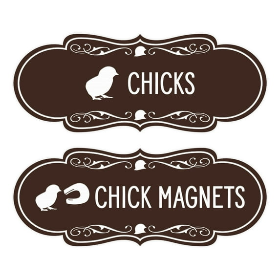 Designer Chicks and Chick Magnets, Novelty Restroom Signs, Set of 2 (Dark Brown) - Medium