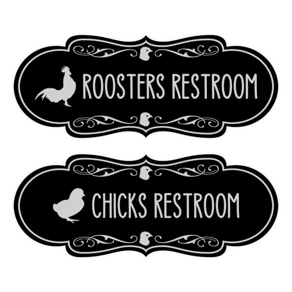 Designer Chicks and Roosters Novelty Restroom Signs, Set of 2 (Black / Silver) - Small