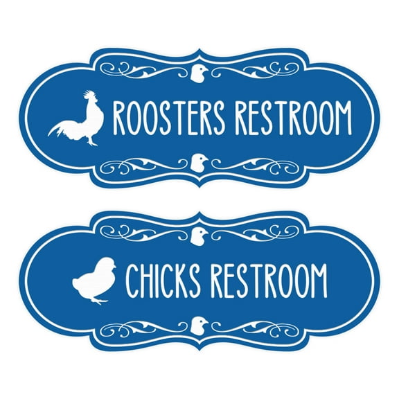 Designer Chicks and Roosters Novelty Restroom Signs, Set of 2 (Blue) - Large
