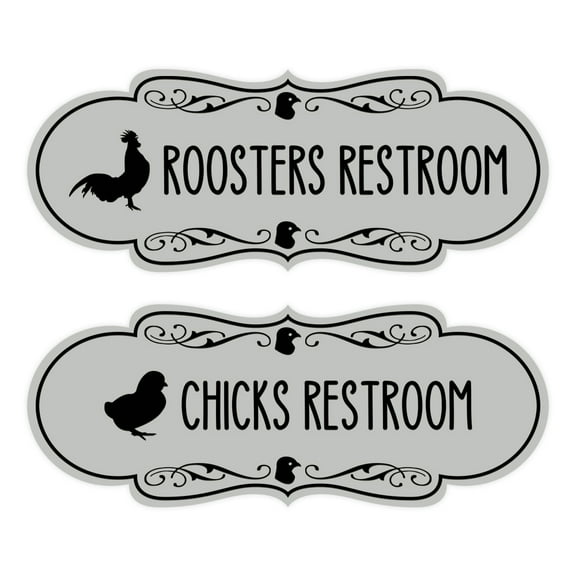 Designer Chicks and Roosters Novelty Restroom Signs, Set of 2 (Lt Gray) - Large