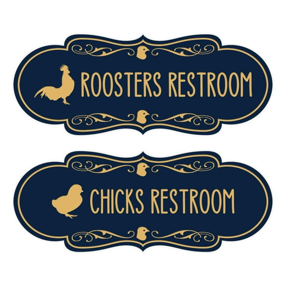 Designer Chicks and Roosters Novelty Restroom Signs, Set of 2 (Navy Blue/Gold) - Large