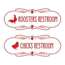 Designer Chicks and Roosters Novelty Restroom Signs, Set of 2 (White/Red) - Large
