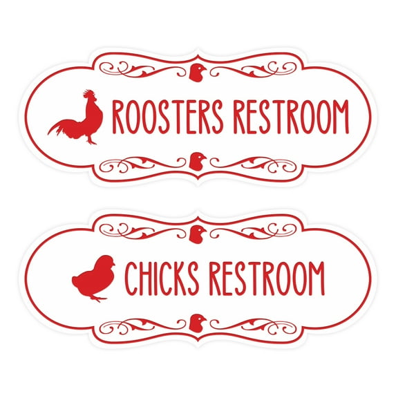 Designer Chicks and Roosters Novelty Restroom Signs, Set of 2 (White/Red) - Small