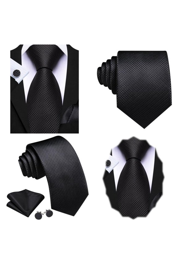 Designer Classic Ties for Men Set Formal Pocket Square Cufflink Check Plaid, Black Plaid