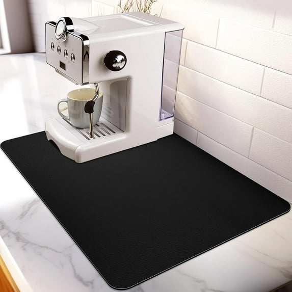 Designer Coffee Bar Mat, Large 16 x 24 Inches, Rubber Backing, Absorbent Coffee Maker Mats for Dish Drying, Kitchen Countertop, Heat Resistant, Solid Black