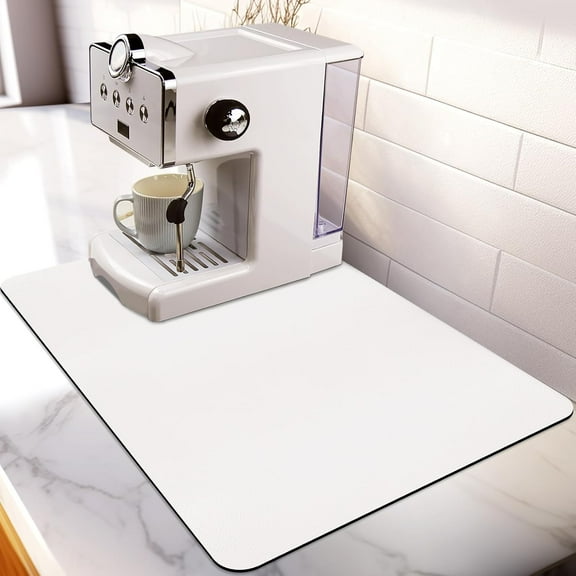 Designer Coffee Bar Mat, Large 16 x 24 Inches, Rubber Backing, Absorbent Coffee Maker Mats for Dish Drying, Kitchen Countertop, Heat Resistant, Solid White