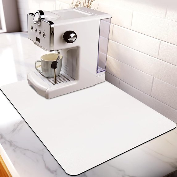Coffee Mat for Countertop, Large Absorbent Dish Drying Mat for Kitchen, Heat Resistant Rubber Backed Pad, Under Coffee Maker, 16" x 20", Solid White