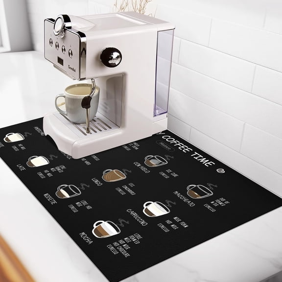 Coffee Bar Mat for Countertop, Large Absorbent Coffee Station Accessories, Hide Stains Dish Drying Mat, Non-Slip Rubber Backing, 12" x 16", Coffee Flavor Menu