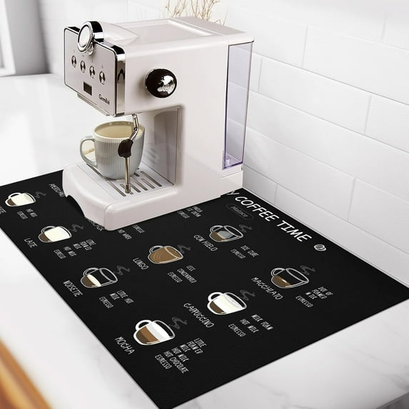 Designer Coffee Bar Mat, Small 12 x 19 Inches, Rubber Backing, Absorbent Coffee Maker Mats for Dish Drying, Kitchen Countertop, Heat Resistant, Coffee Flavor Menu, Black