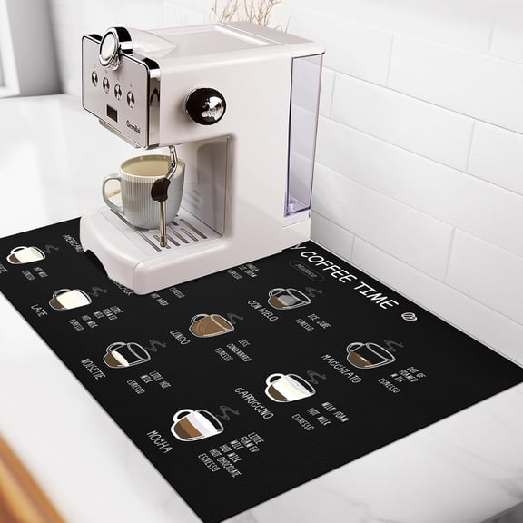 Designer Coffee Bar Mat, Small 12 x 19 Inches, Rubber Backing, Absorbent Coffee Maker Mats for Dish Drying, Kitchen Countertop, Heat Resistant, Coffee Flavor Menu, Black