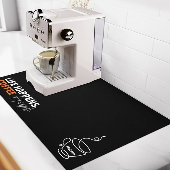 Designer Coffee Bar Mat, Small 12 x 19 Inches, Rubber Backing, Absorbent Coffee Maker Mats for Dish Drying, Kitchen Countertop, Life Happens Coffee Helps, Black
