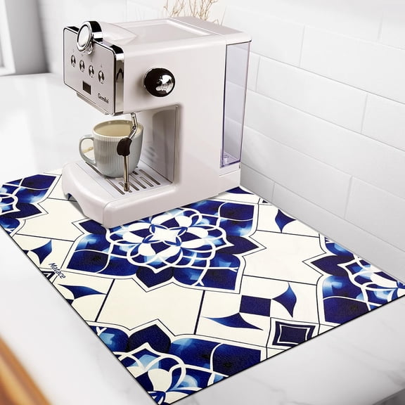 Designer Coffee Bar Mat, Small 12 x 19 Inches, Rubber Backing, Dish Drying Mat for Kitchen Counter, Absorbent Coffee Maker Mats for Countertop, Heat Resistant, Blue and White Pottery