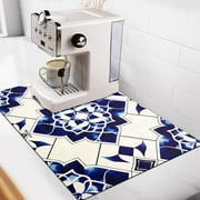 Designer Coffee Bar Mat, Small 12 x 19 Inches, Rubber Backing, Dish Drying Mat for Kitchen Counter, Absorbent Coffee Maker Mats for Countertop, Heat Resistant, Blue and White Pottery