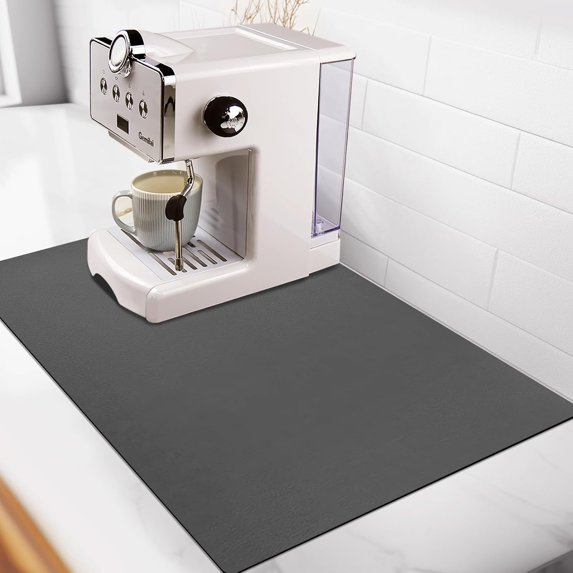 Designer Coffee Bar Mat, Small 12 x 19 Inches, Rubber Backing, Dish Drying Mat for Kitchen Counter, Absorbent Coffee Maker Mats for Countertop, Heat Resistant, Solid Gray