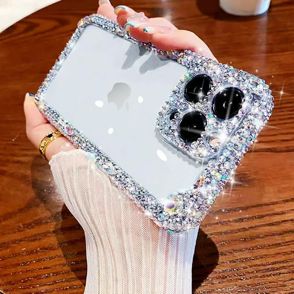 Designer Compatible with iPhone 15 Pro Max Bling Clear Case for Women Girl,Cute Glitter Phone Case with Sparkle Rhinestone Diamond Camera Protection,Airbag anti-fall Crystal Hard Back Cover