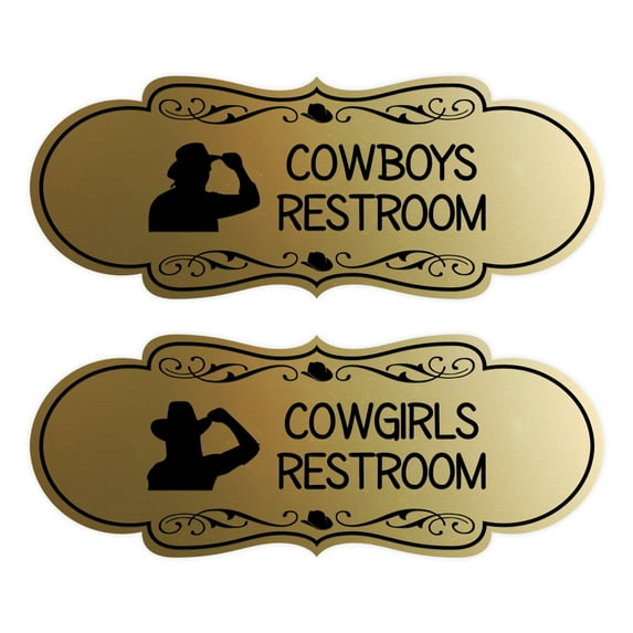 Designer Cowgirls and Cowboys Novelty Restroom Signs, Set of 2 (Brushed Gold) - Large