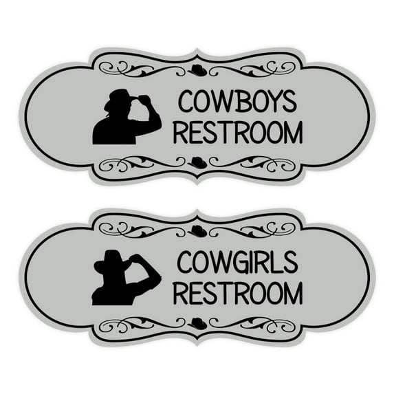 Designer Cowgirls and Cowboys Novelty Restroom Signs, Set of 2 (Lt Gray) - Large