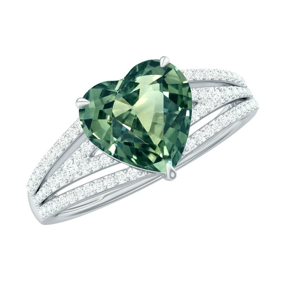 Rosec Jewels Designer Created Green Sapphire Ring with Diamond, Heart Ring - 8 mm, 18K White Gold, US 13.00