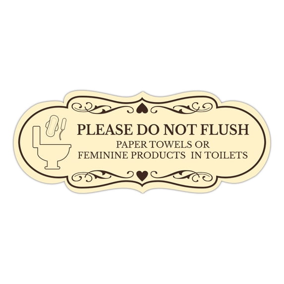 Designer Designer Please Do Not Flush Paper Towels or Feminine Products in Toilets (Pad) Sign (Ivory/Dark Brown) - Large