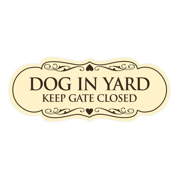 Designer Dog In Yard Keep Gate Closed Sign (Ivory/Dark Brown) - Medium | Stylish Pet Safety Plaque for Home Entrances