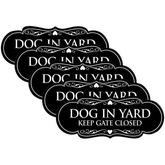 Designer Dog in Yard Keep Gate Closed Wall or Door Sign - Easy to Install | Durable Dog Safety Signs (Black) - Small 5 Pack