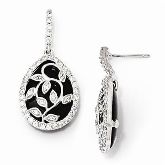 Designer Drop Earrings with Leaf and Vine Onyx Pear Cut with Round Brilliant Diamonds by Diamond Essence set in Sterling Silver