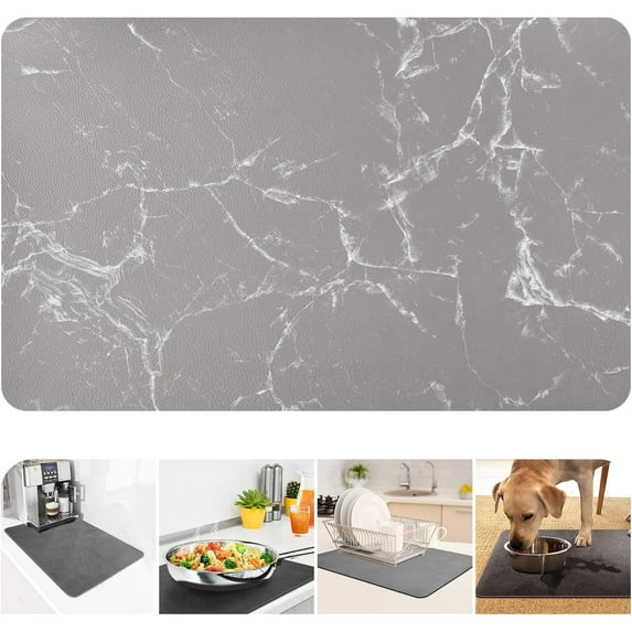 Designer Drying Mat - 12x19 Trimmable, PU Leather Surface & Rubber Backed, Quick Absorbent, Heat Resistant for Kitchen Countertop Protection, Coffee Bar Decor - Gray and White Marble
