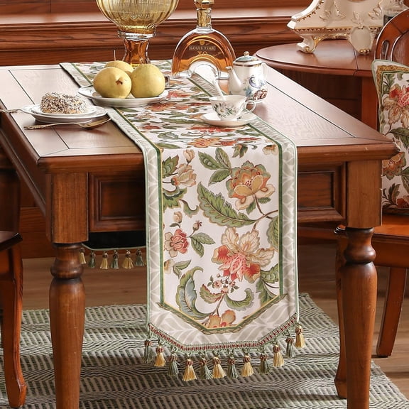 Designer Elegant French Floral Velvet Table Runner Fresh Green Orange Pattern for Kitchen Dining Coffee Table Banquet Thanksgiving 12x102 Inch