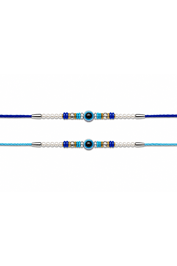 Designer Evil Eye Rakhi Set of 2 for Brother Handmade Blue Evil Eye Beaded Rakhi with Crystal & Pearl Accents, Premium Cotton Threads | Traditional Raksha Bandhan Gift